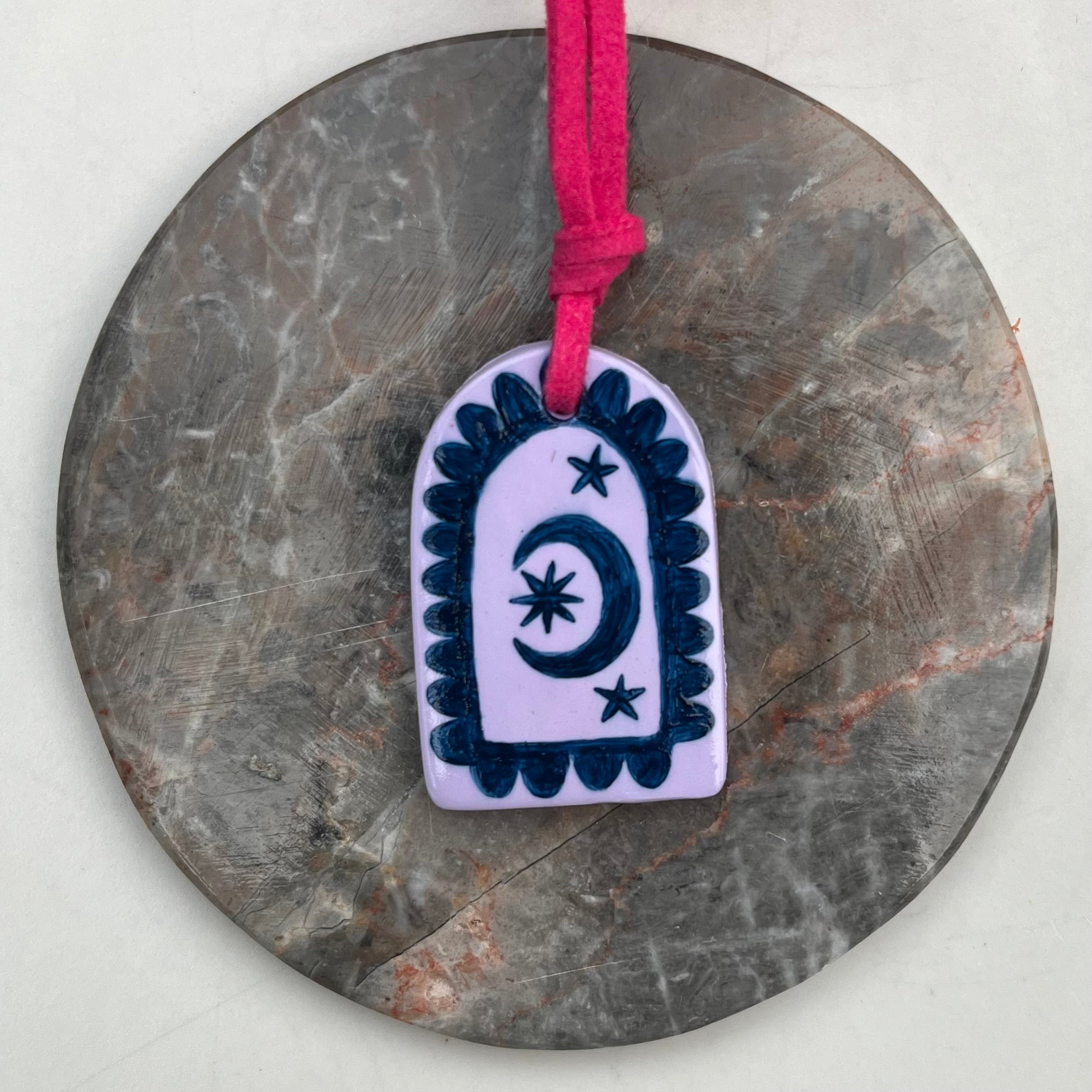 Hand Painted Lilac Pendant Necklaces on Fuchsia Suede Cord