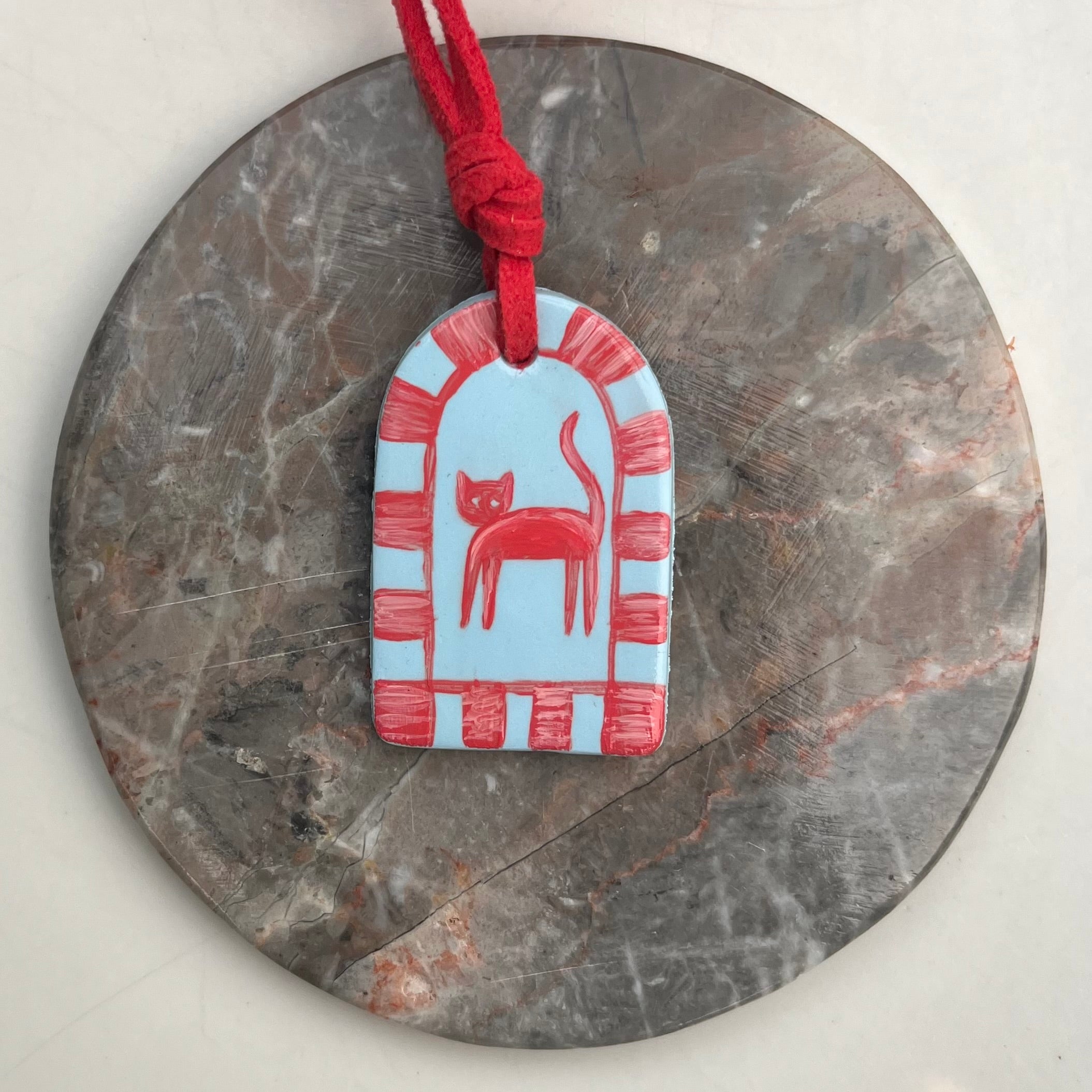 Hand Painted Blue Pendant Necklaces on Red Suede Cord