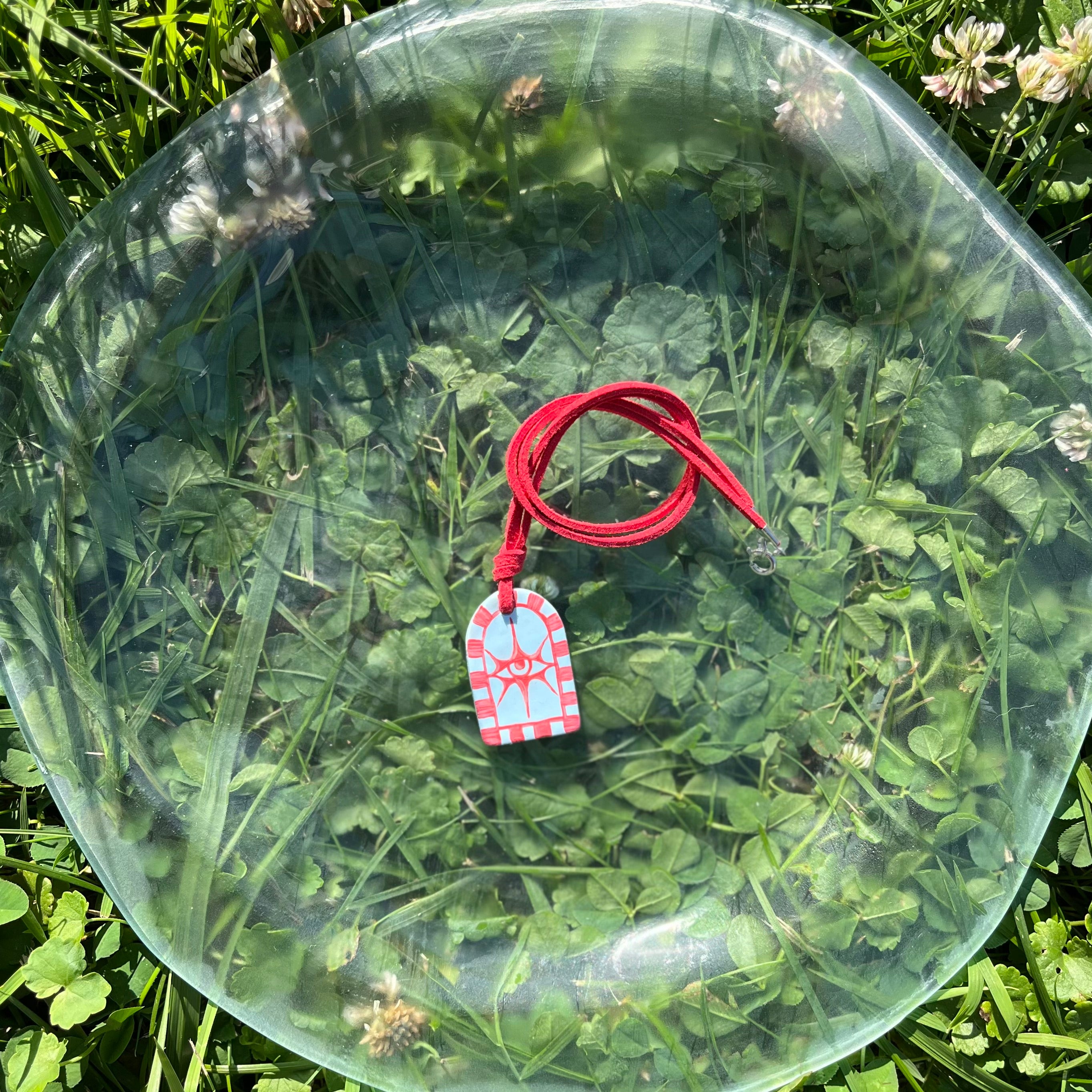 Hand Painted Blue Pendant Necklaces on Red Suede Cord