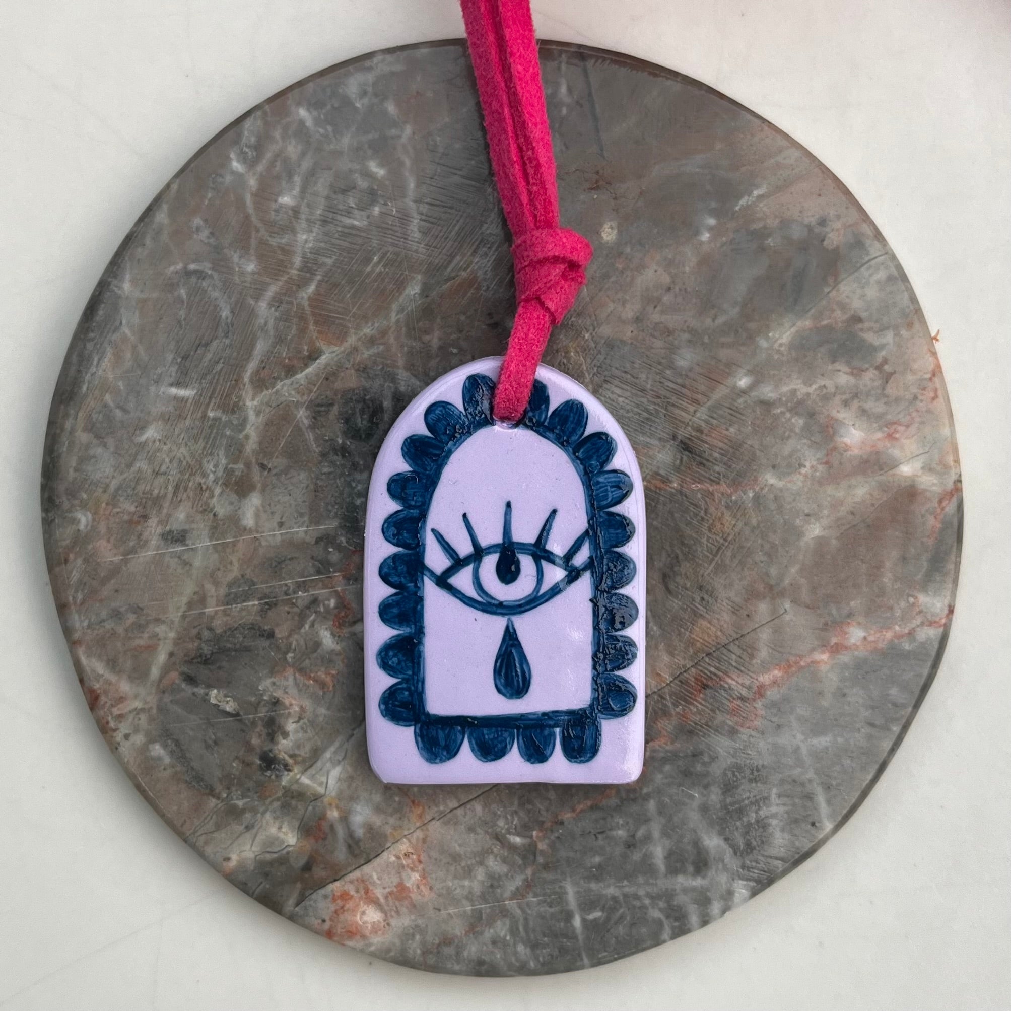 Hand Painted Lilac Pendant Necklaces on Fuchsia Suede Cord