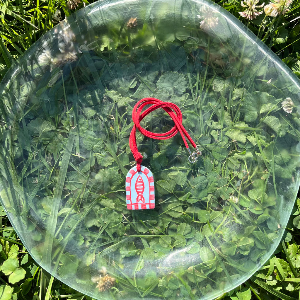 Hand Painted Blue Pendant Necklaces on Red Suede Cord