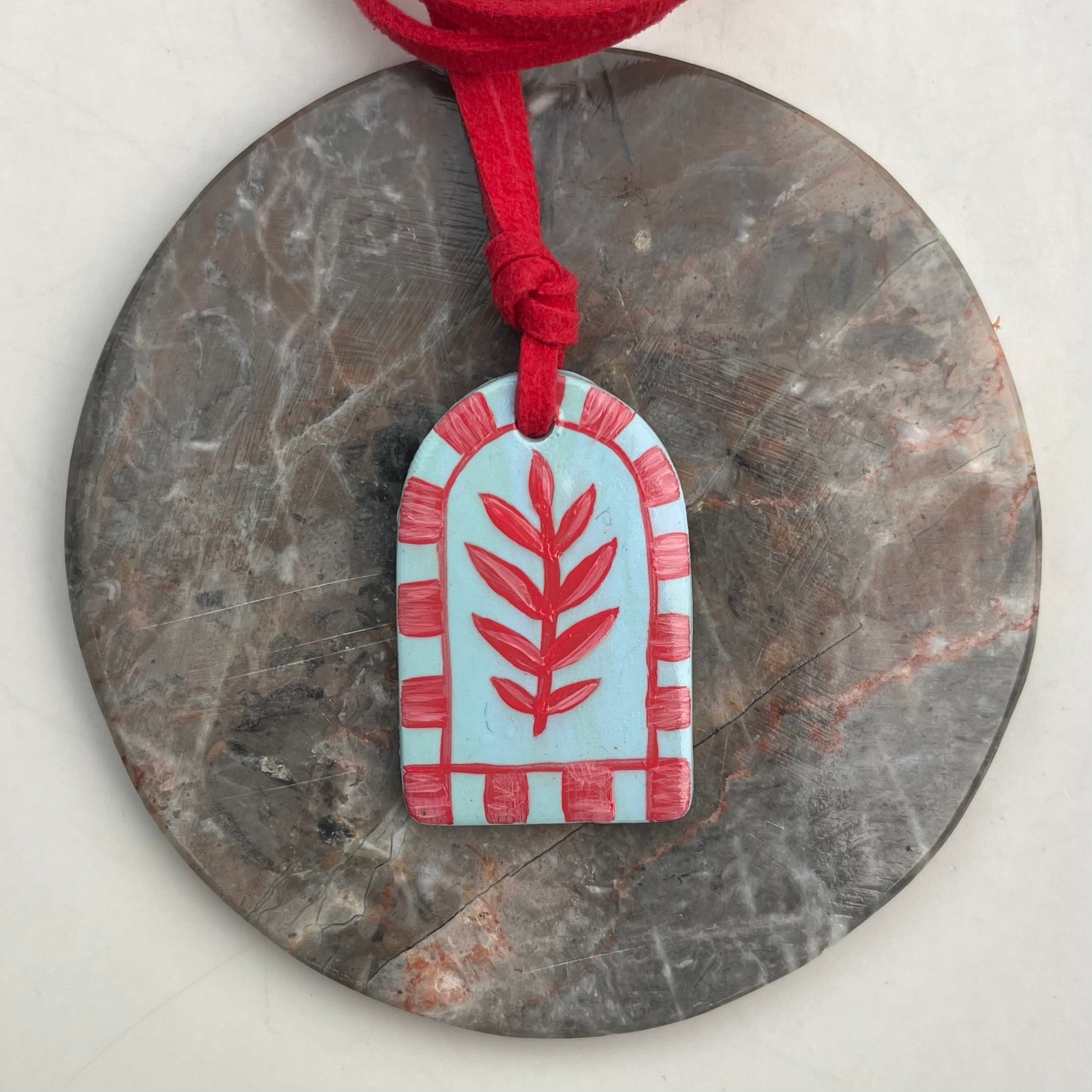 Hand Painted Blue Pendant Necklaces on Red Suede Cord