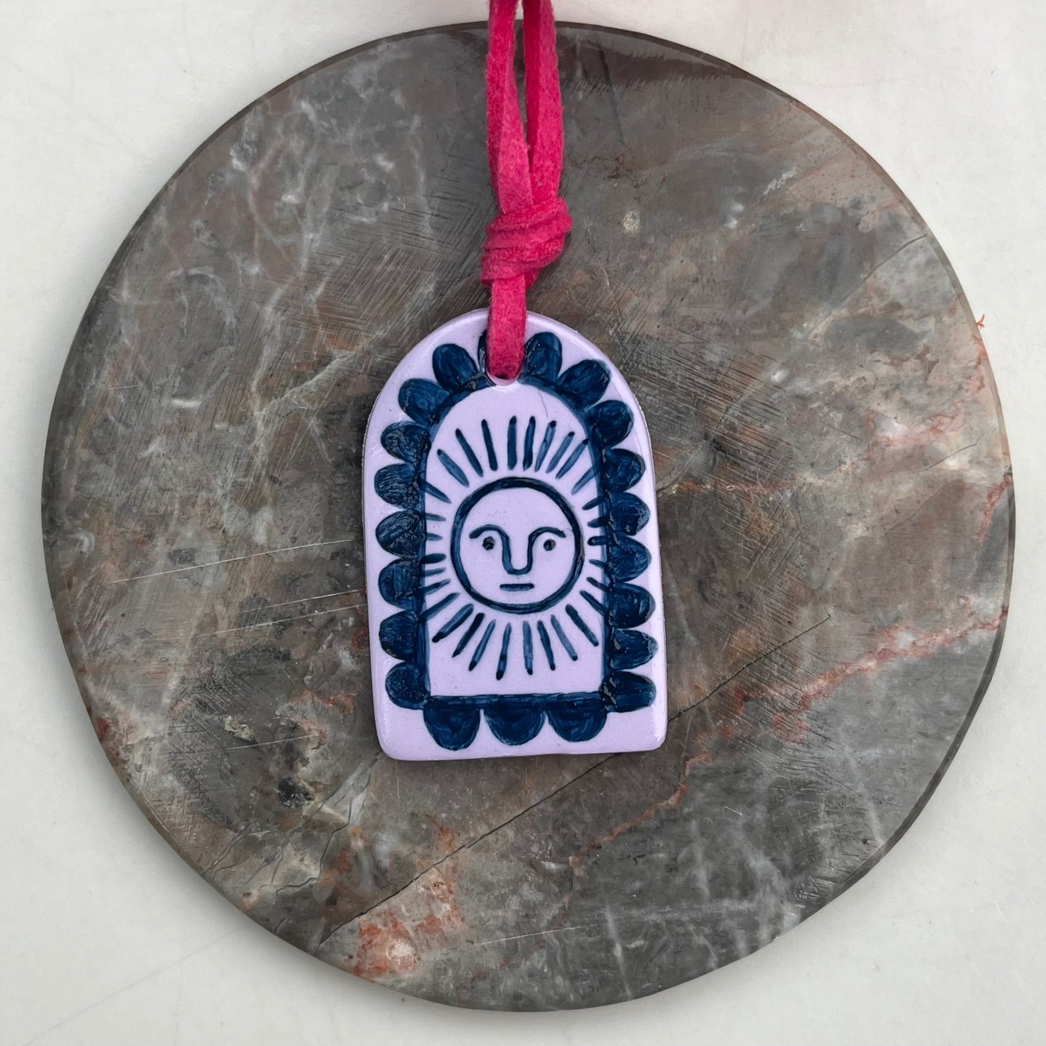 Hand Painted Lilac Pendant Necklaces on Fuchsia Suede Cord