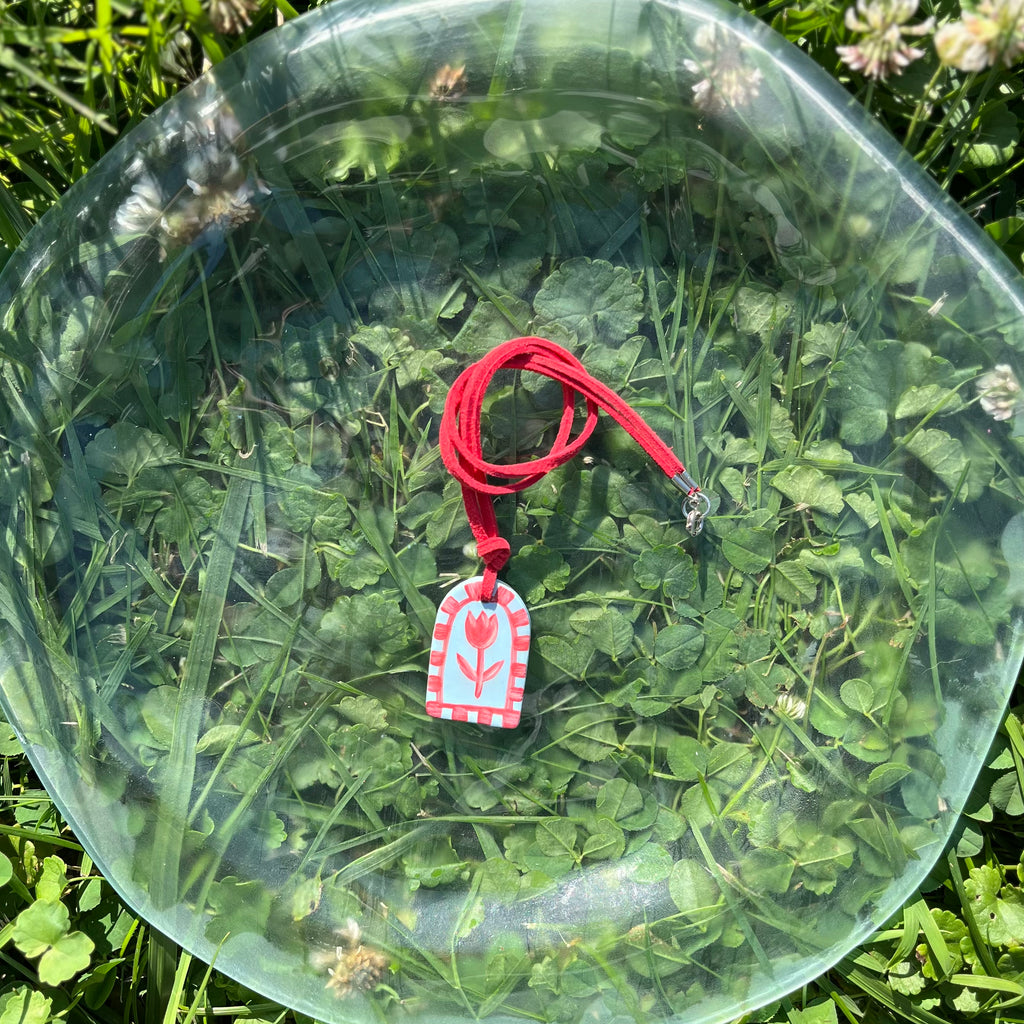 Hand Painted Blue Pendant Necklaces on Red Suede Cord
