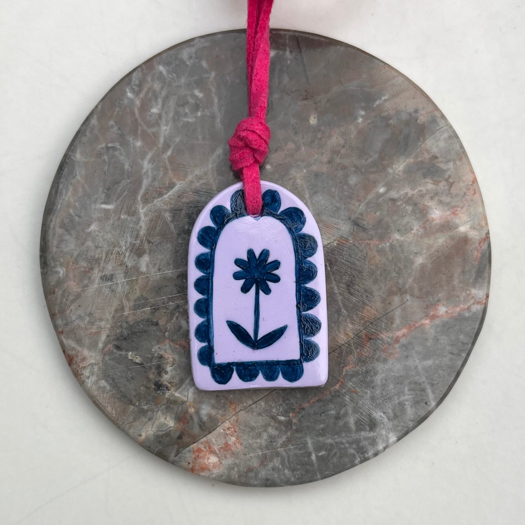 Hand Painted Lilac Pendant Necklaces on Fuchsia Suede Cord