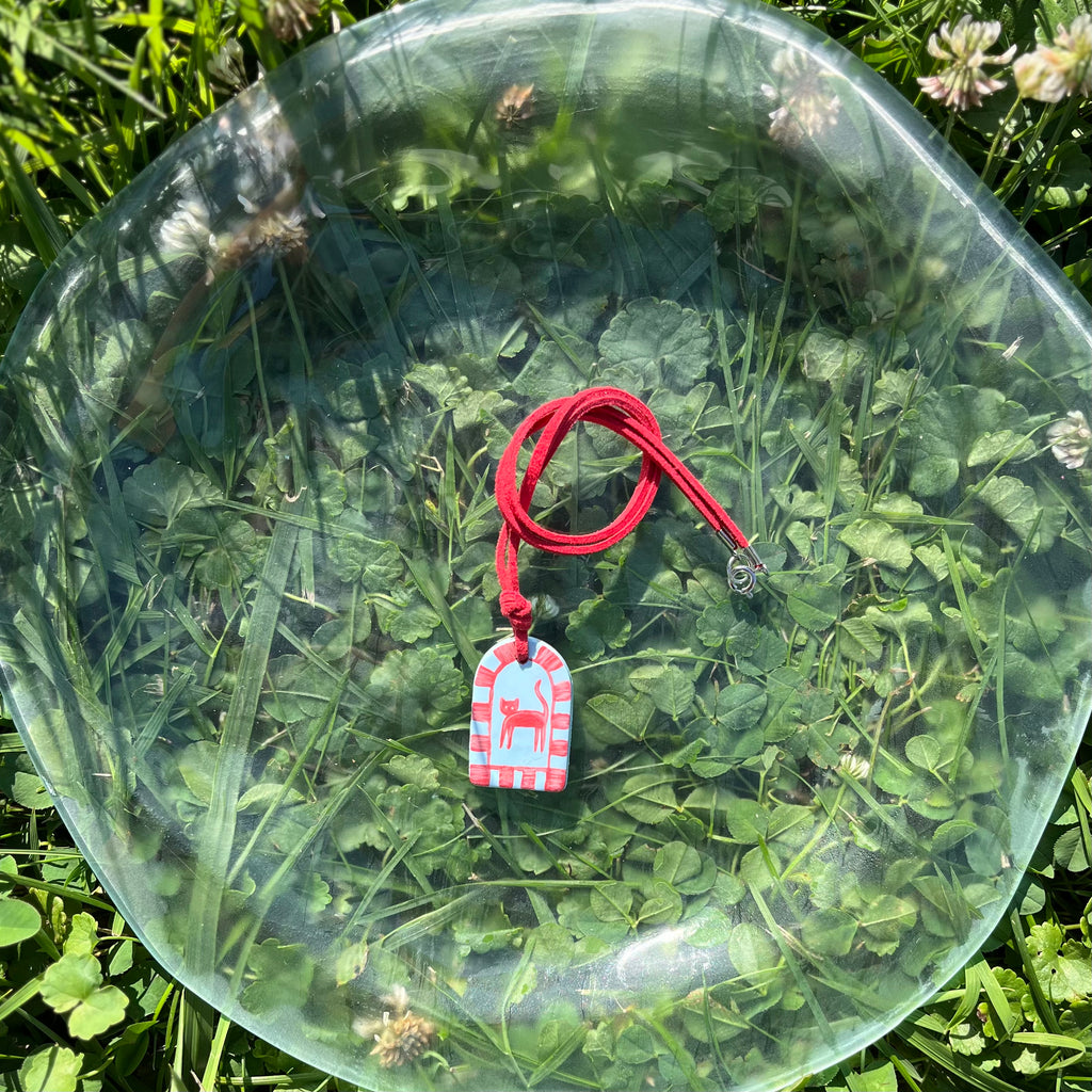 Hand Painted Blue Pendant Necklaces on Red Suede Cord