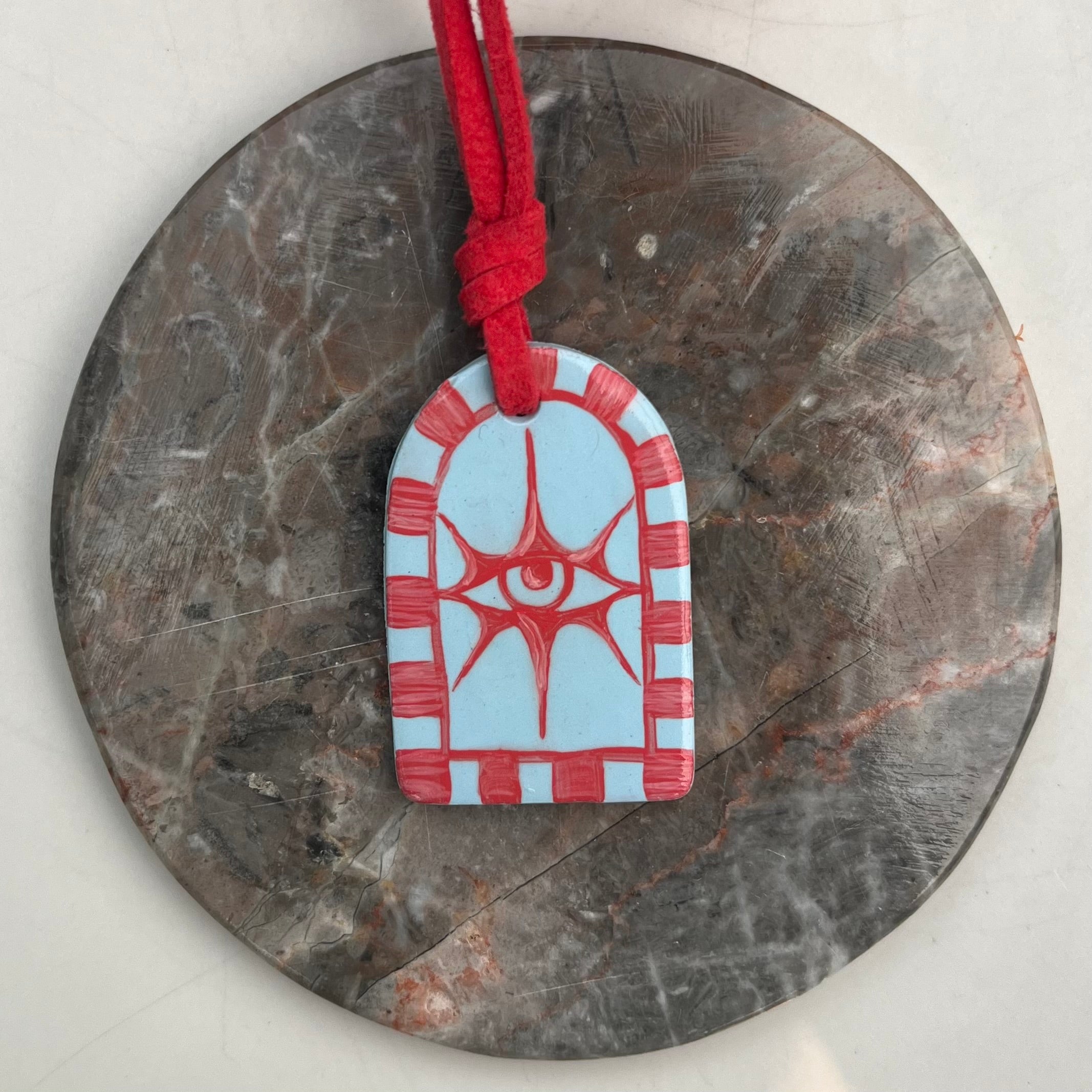 Hand Painted Blue Pendant Necklaces on Red Suede Cord