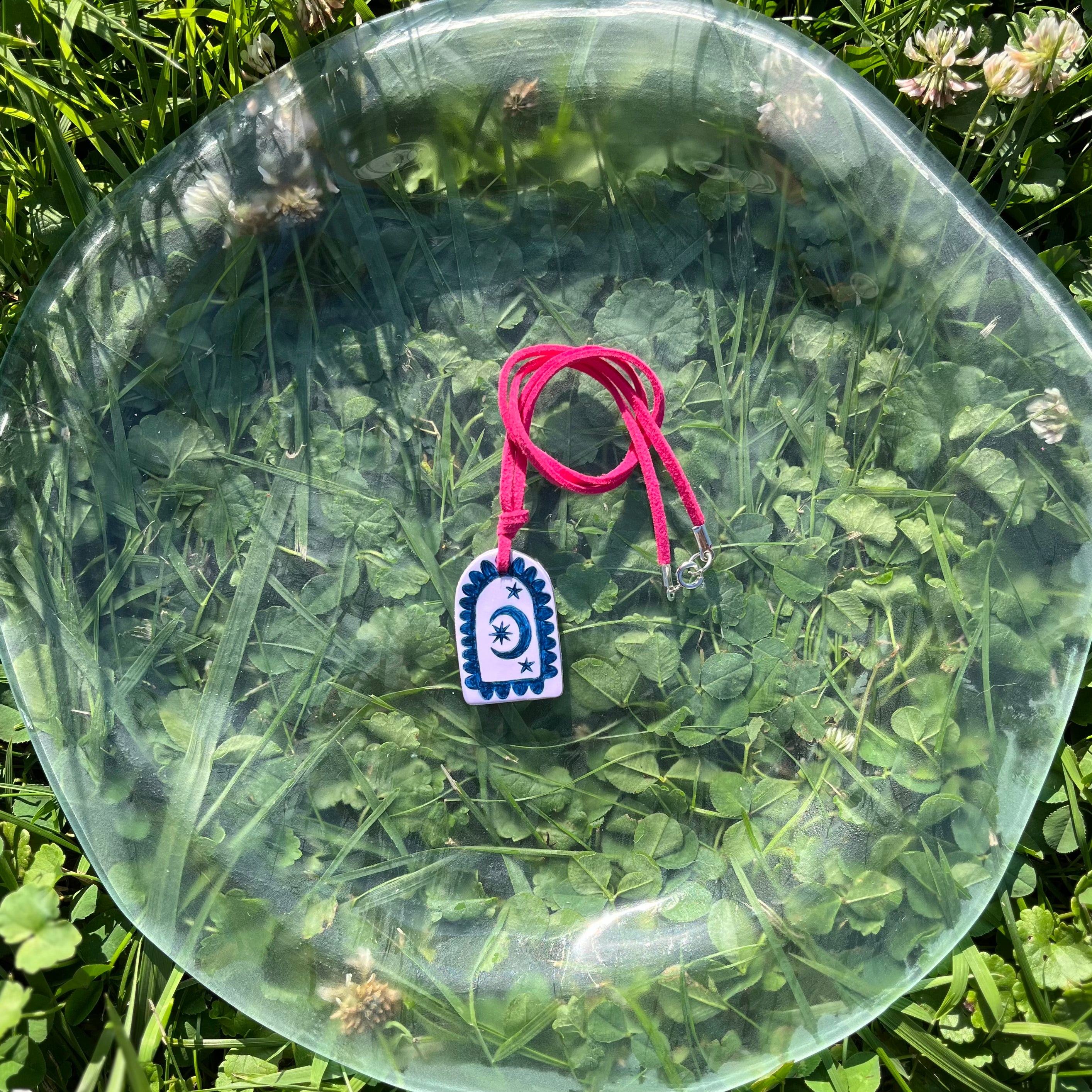 Hand Painted Lilac Pendant Necklaces on Fuchsia Suede Cord