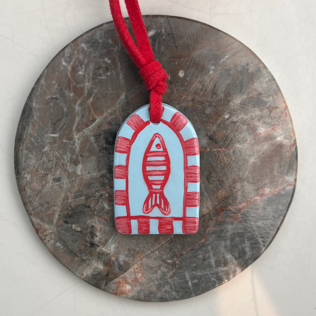 Hand Painted Blue Pendant Necklaces on Red Suede Cord