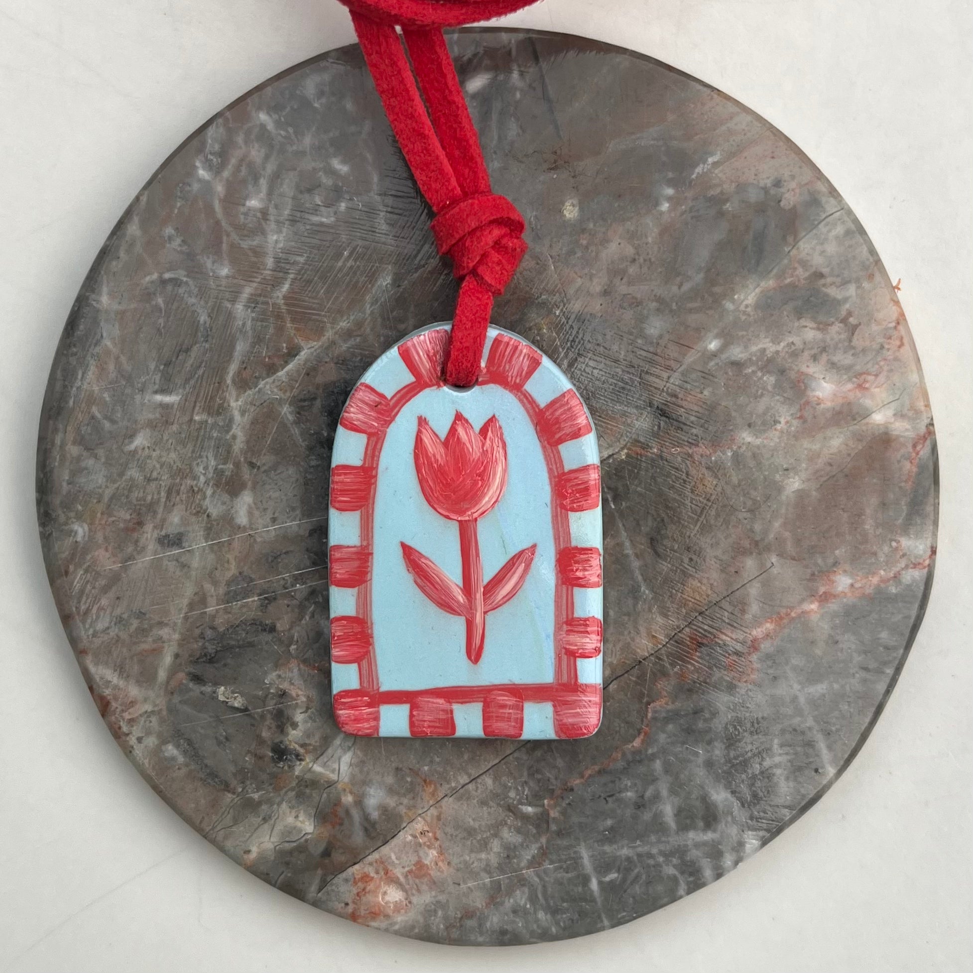 Hand Painted Blue Pendant Necklaces on Red Suede Cord