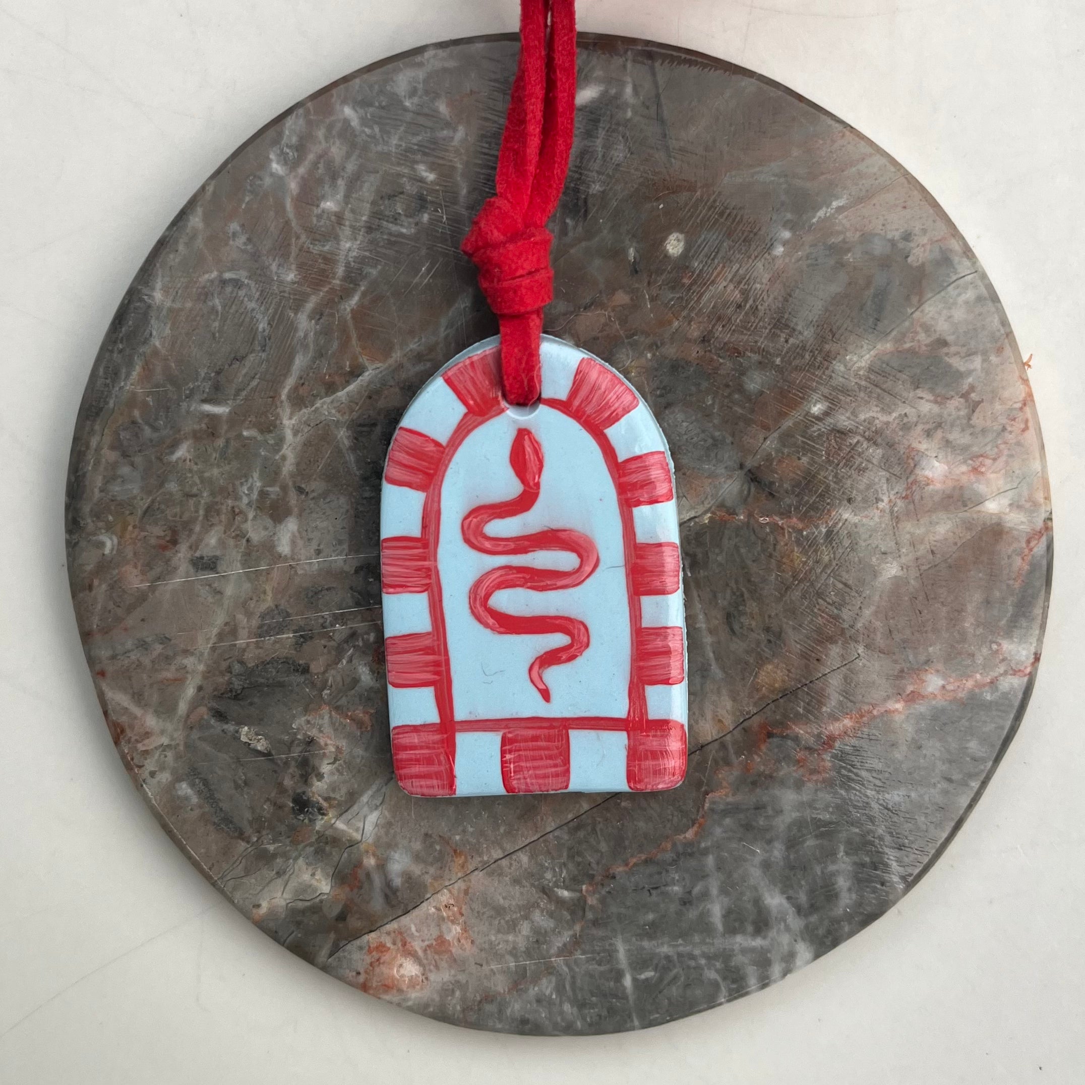 Hand Painted Blue Pendant Necklaces on Red Suede Cord